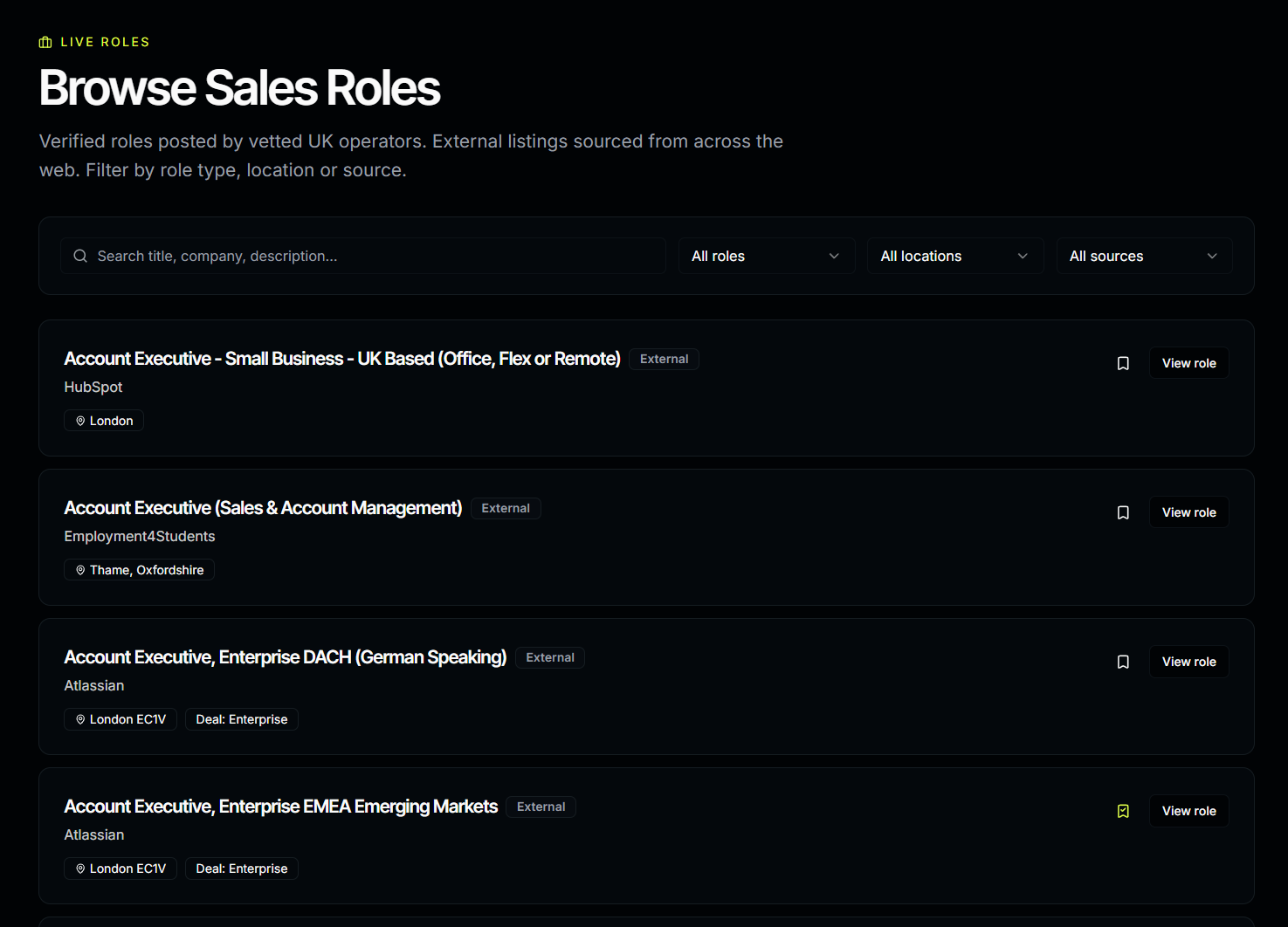 Browsing live sales roles inside PrimeClosers