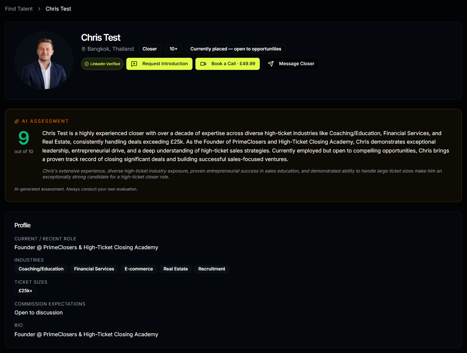 A vetted PrimeClosers talent profile with AI score and DISC